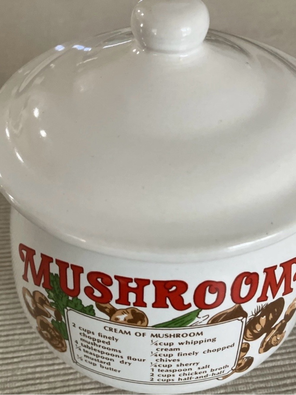 Vintage White Ceramic "MUSHROOM" Soup Tureen with Lid & Cream of Mushroom Recipe